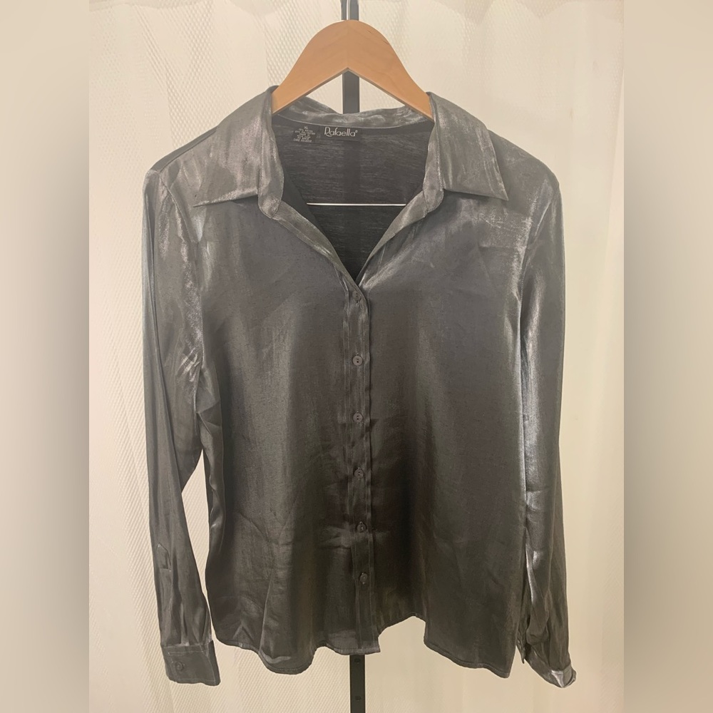 Rafaella Silver Metallic Button Down Blouse Top